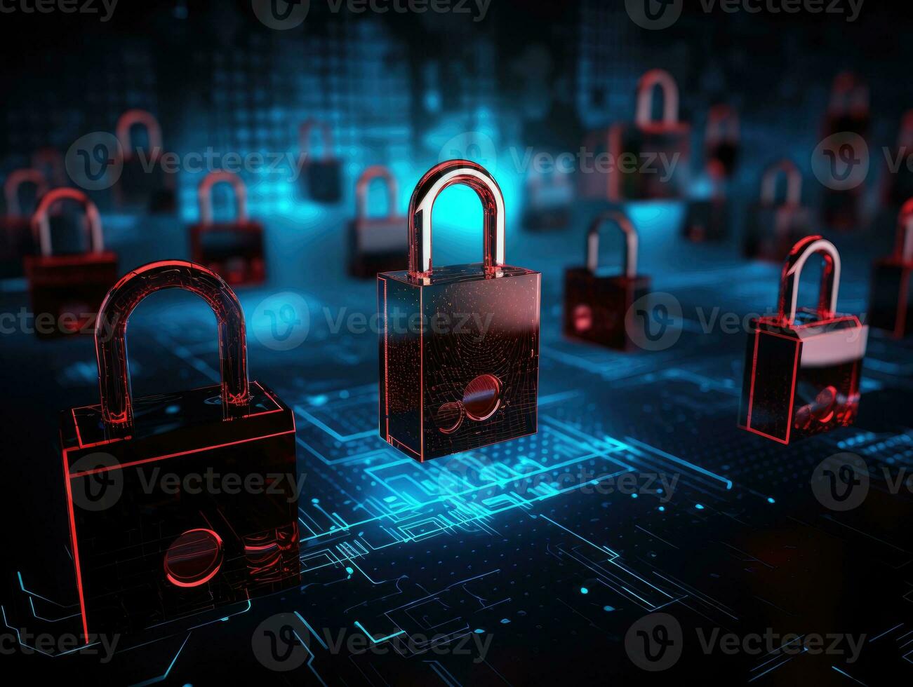 AI Generated padlocks in front of digital codes. Cybersecurity. Locks. Keys. photo