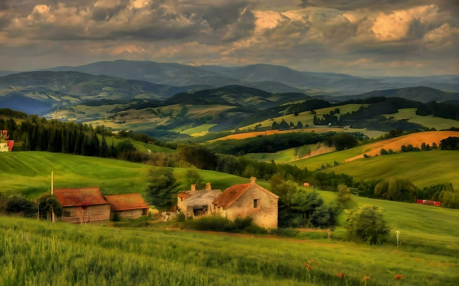 AI generated beautiful countryside with old houses photo