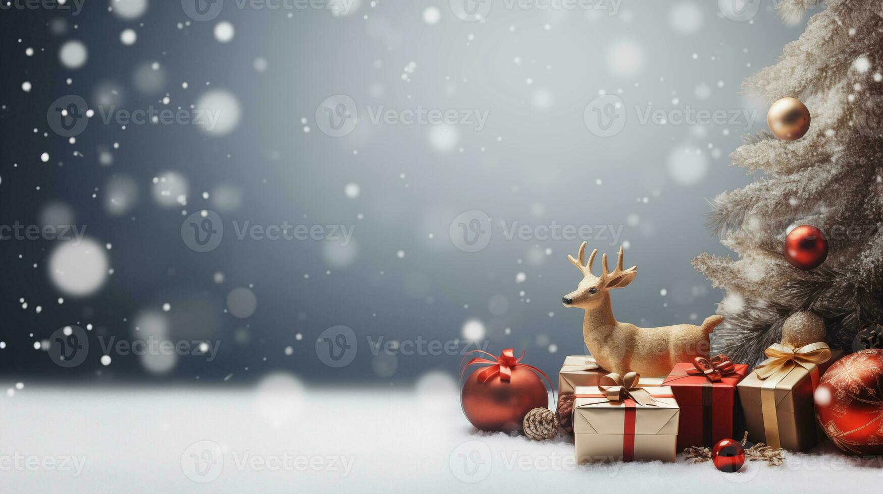 A festive Christmas composition with snowfall, a golden reindeer, gifts with ribbons, a frosted tree, and red ornaments, set against a dark blue sky, capturing a magical holiday scene photo