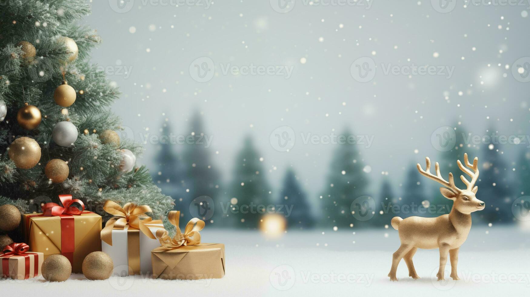 A golden reindeer stands by a Christmas tree adorned with gold and silver ornaments, surrounded by gifts and a backdrop of snow-covered trees and falling snowflakes, creating a festive holiday scene photo