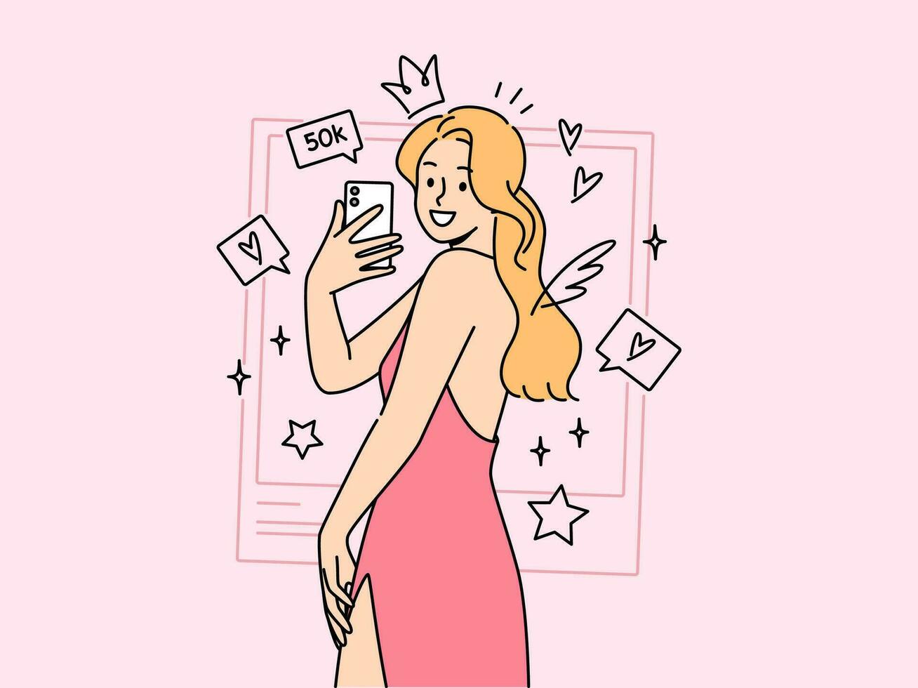 Woman photo model takes selfie in cocktail dress, standing among rating icons from social networks. Girl influencer smiles and takes selfie on mobile phone camera for avatar on dating site vector