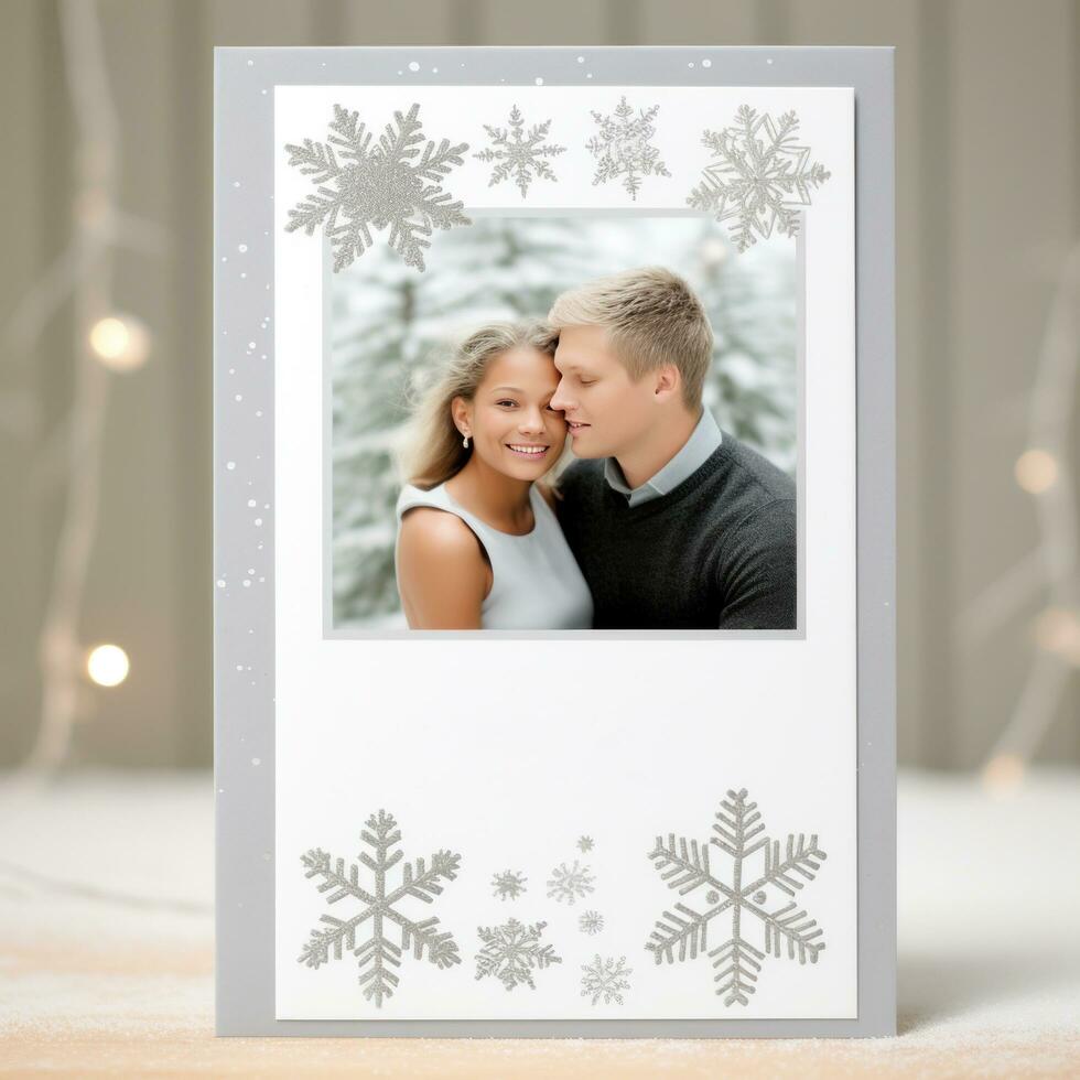 ai generado blanco y plata marco con limpiar líneas y sutil copos de nieve a tu nuevo años tarjeta foto