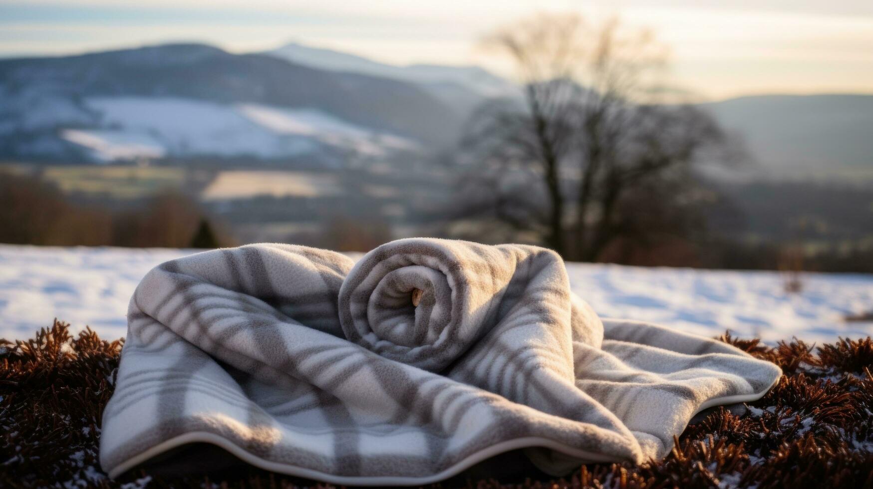 ai generado un mullido cobija y un caliente agua botella con un invierno paisaje en el antecedentes foto