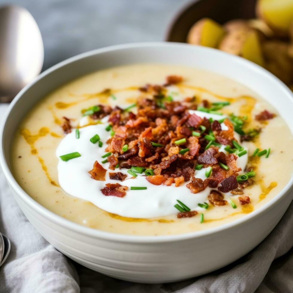 ai generado un cremoso y consolador patata sopa con pedacitos de crujiente tocino y un porción de agrio crema en parte superior foto