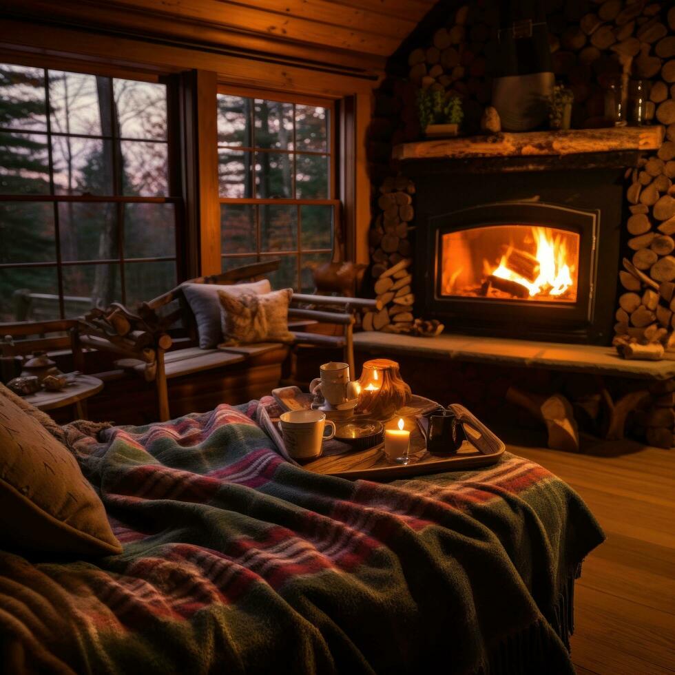 AI generated A cozy cabin interior with a roaring fireplace, soft blankets, and a hot cup of tea photo