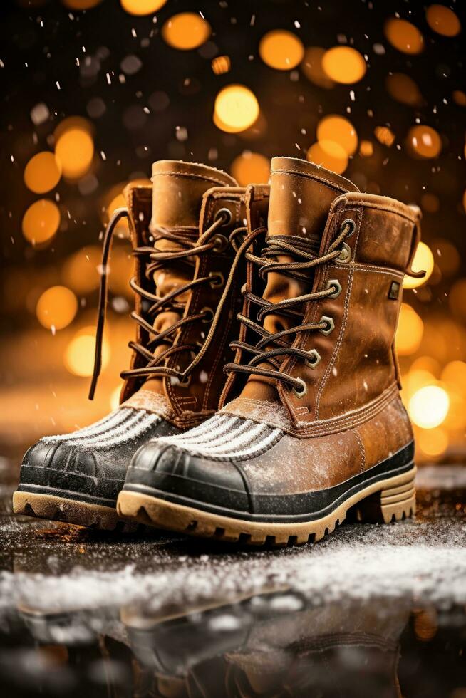 AI generated a pair of winter boots with snow falling in the background. photo