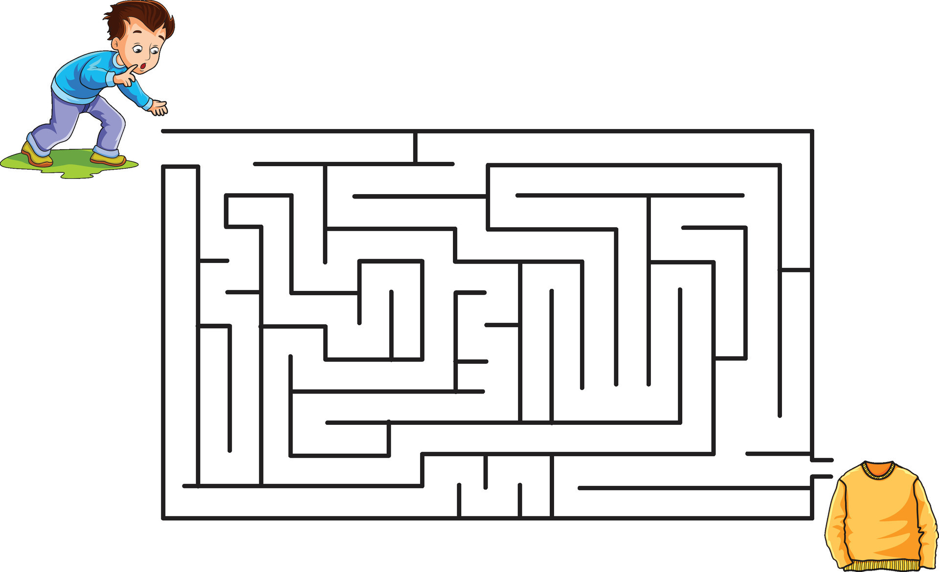 Find the way puzzle with boy on one side and sweater on the other Find the way puzzle with boy on one side and sweater on the other