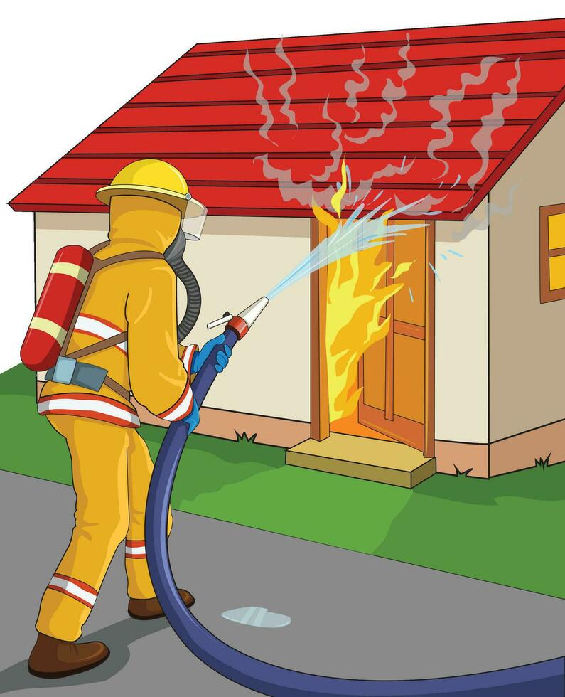 Fireman putting out fire vector illustration