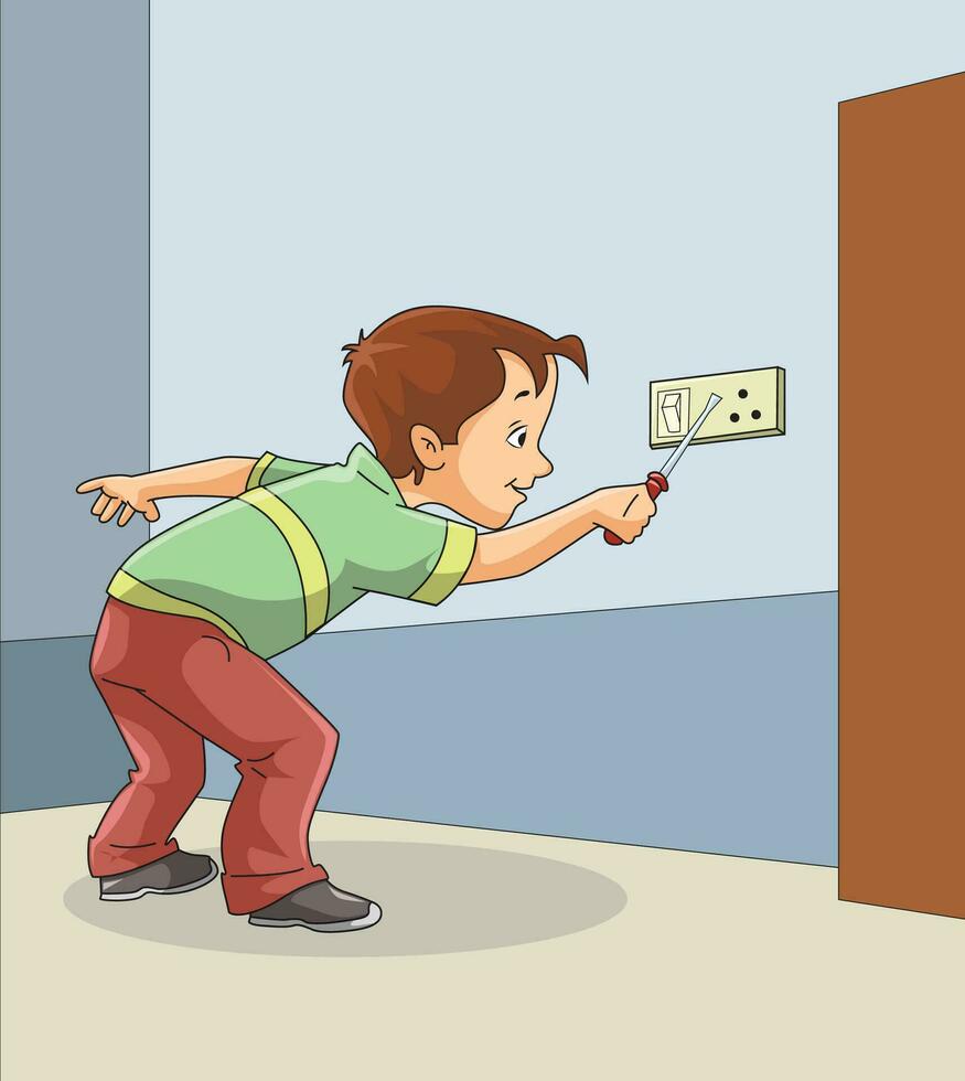 Naughty boy putting screw driver in the electric switch vector illustration