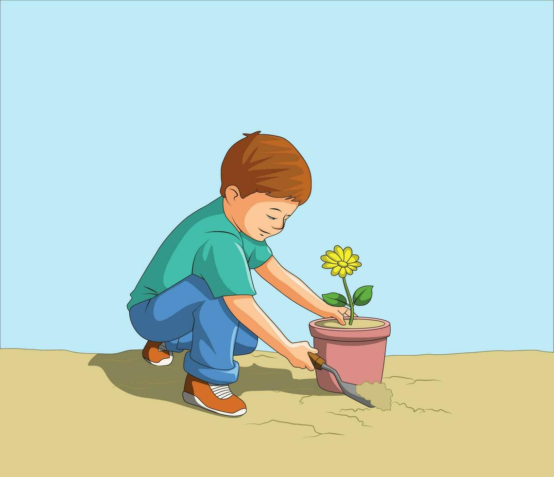 pequeño chico plantando un árbol joven en un maceta vector ilustración