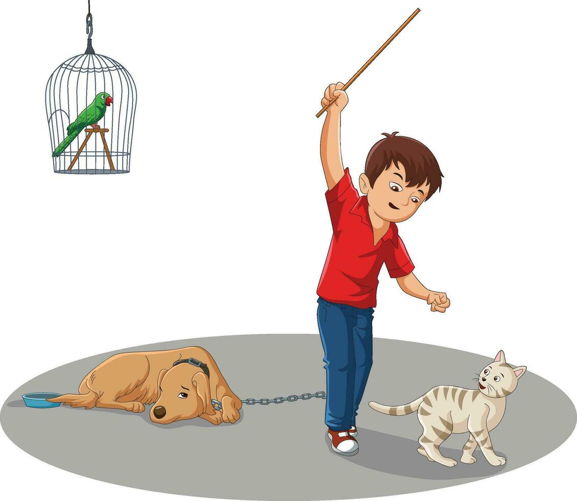 Vector illustration showing a parrot in cage, a chained dog and a boy hitting a cat