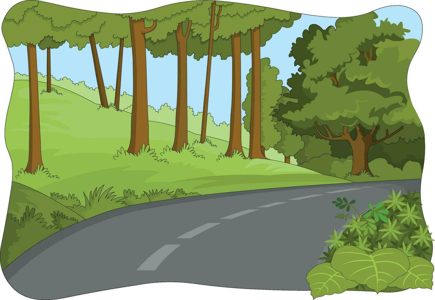 Road with lush green trees on both sides vector illustration