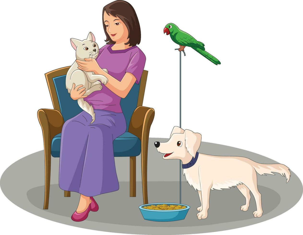 Vector illustration showing a woman having different pet animals dog, parrot and cat