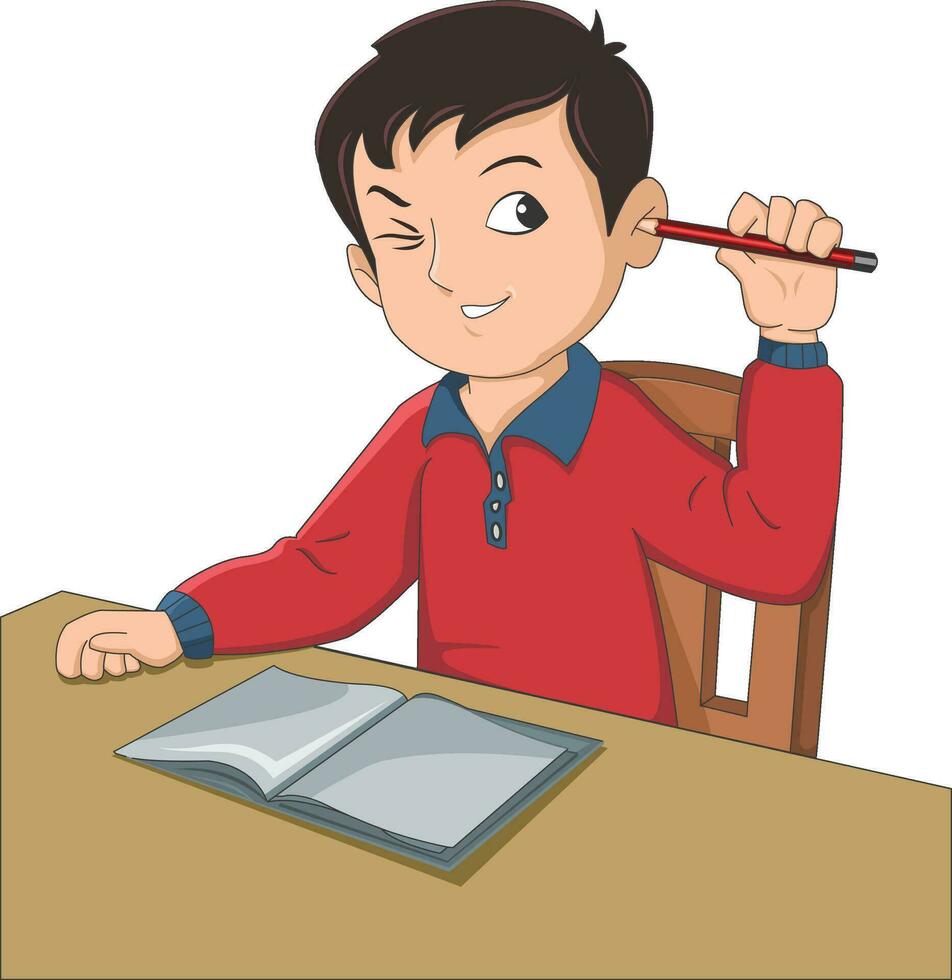 Naughty boy sitting on his chair and putting pencil in his ears vector illustration
