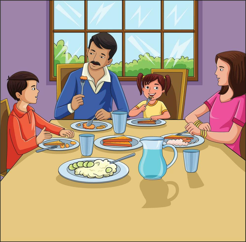 Mother and Father having dinner with their kids vector illustration