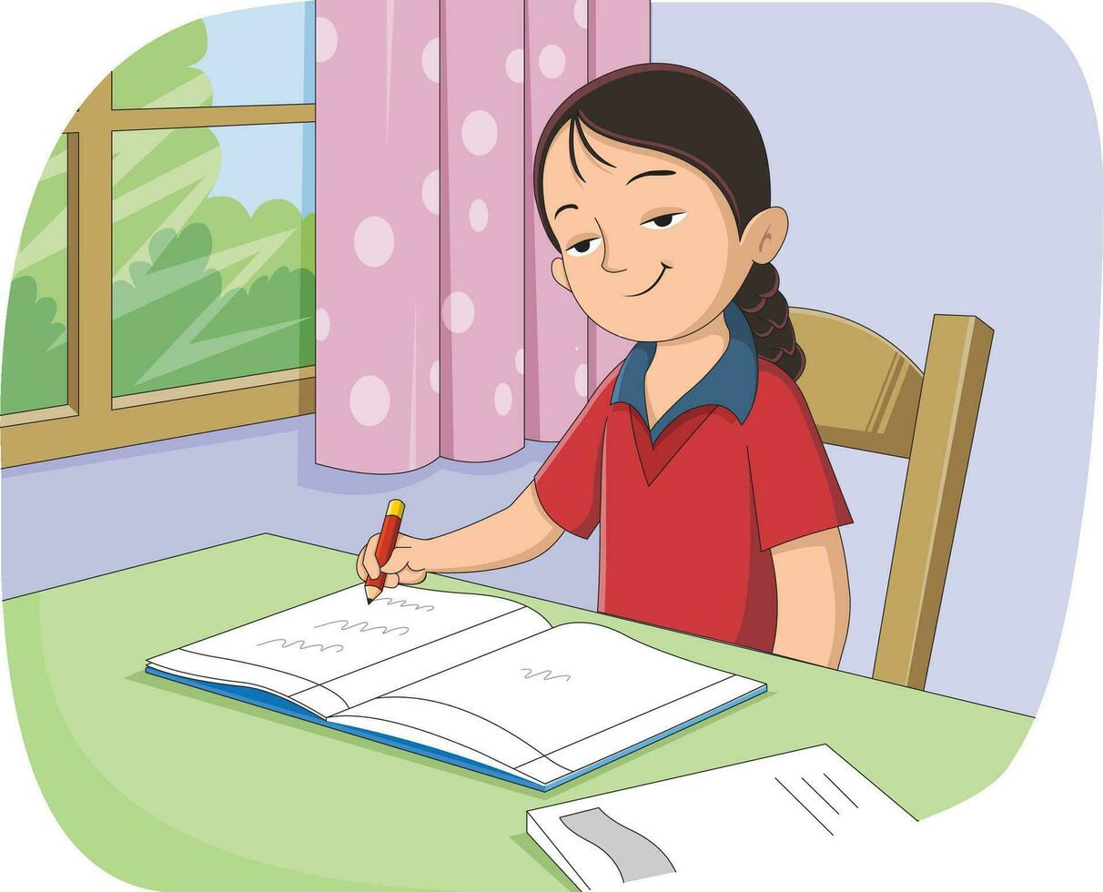 Girl sitting on the chair and writing with a pencil vector