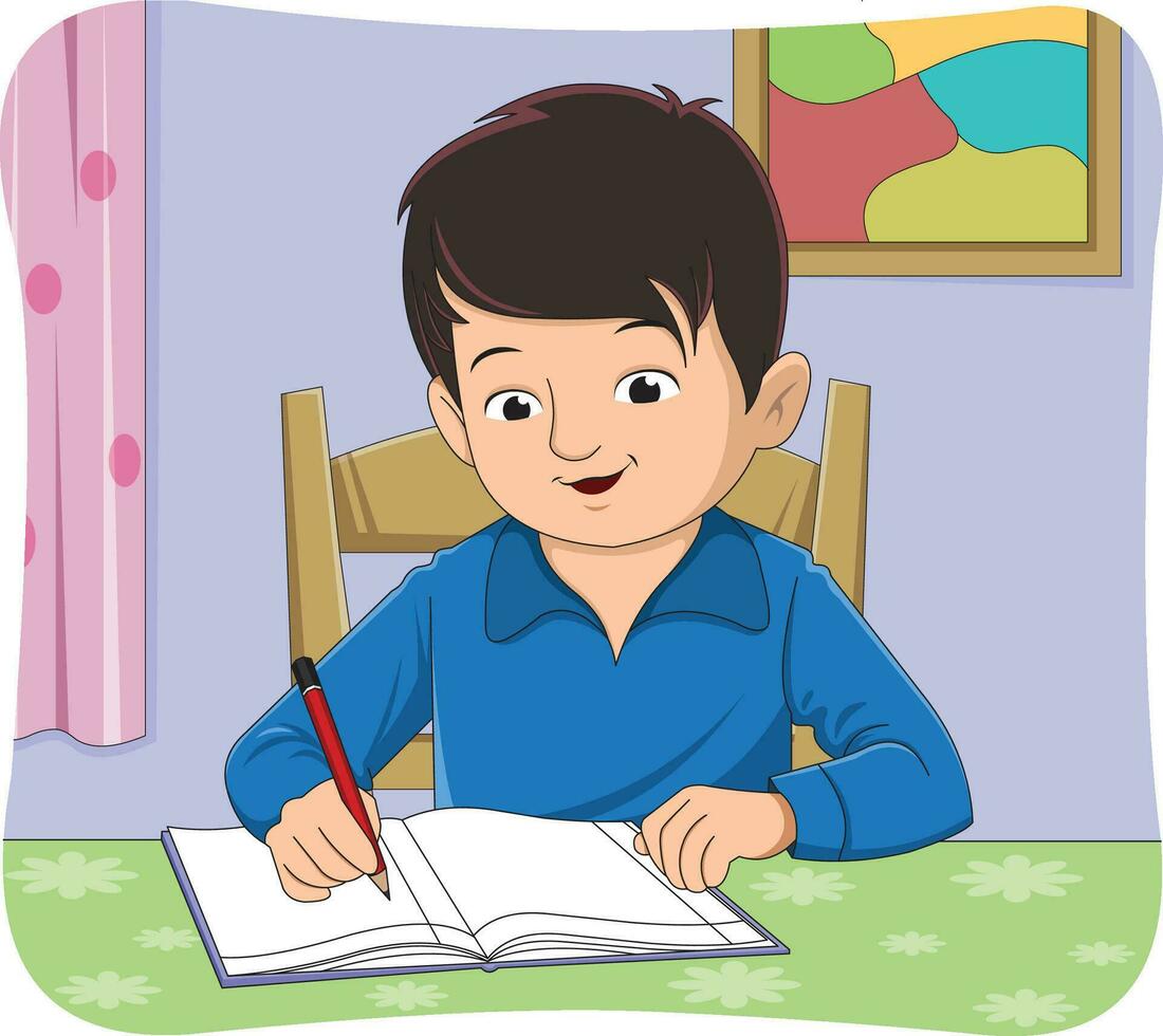 Little boy writing on his notebook with a pencil in his hand vector illustration