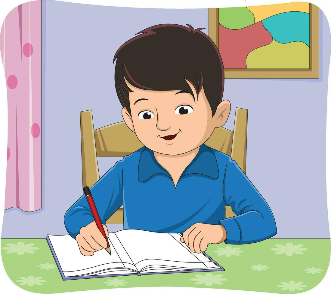 pequeño chico escritura en su cuaderno con un lápiz en su mano vector ilustración