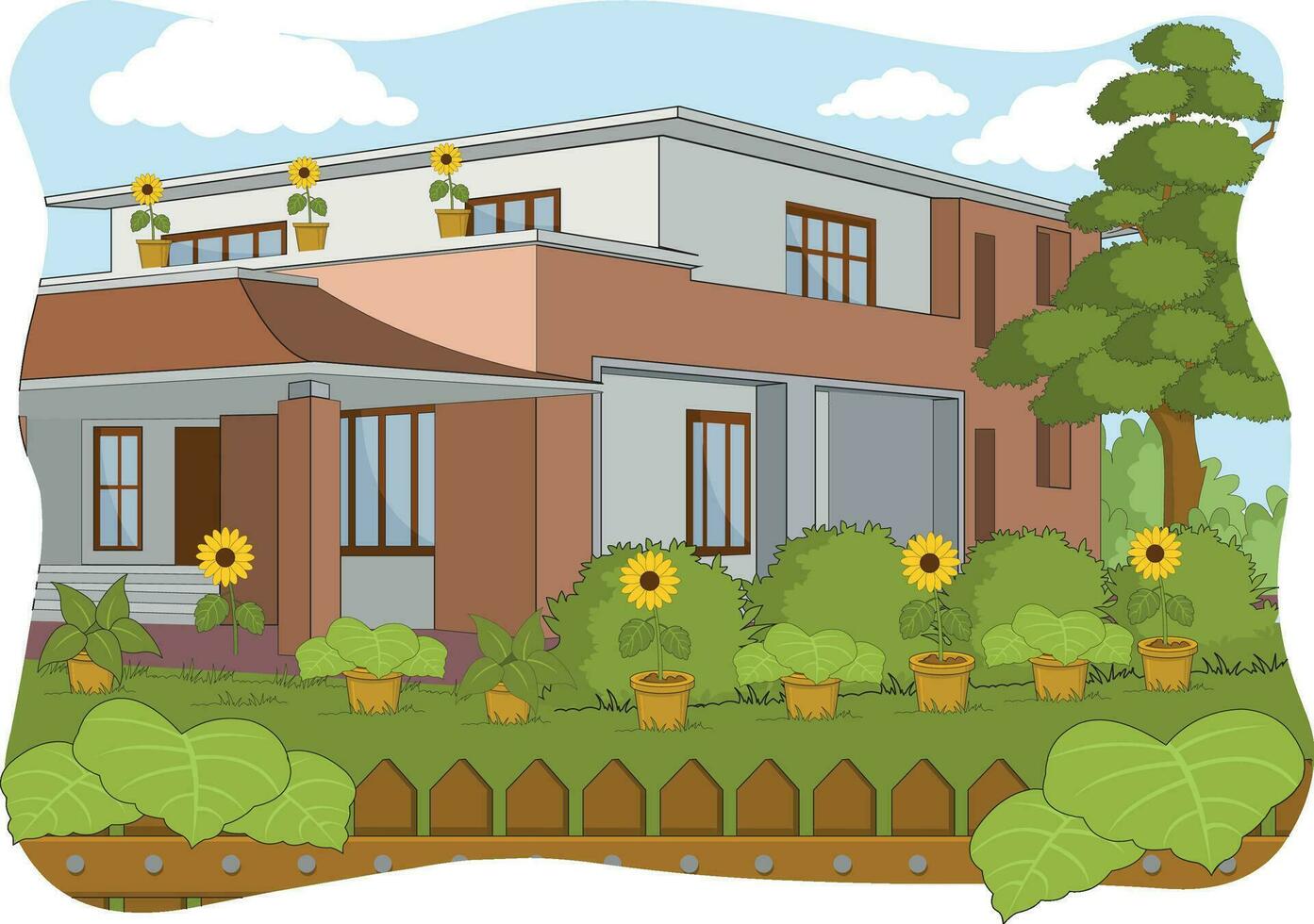 Vector illustration showing a big bungalow with trees on the outside