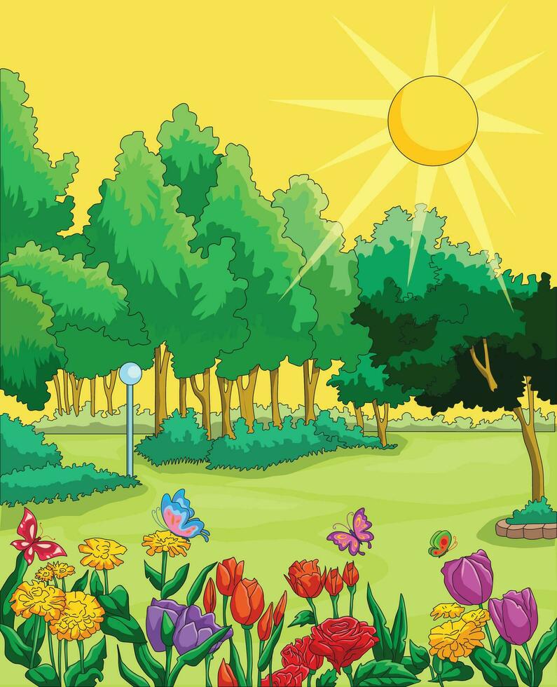 Vector illustration showing flowers, trees and brightly shining sun