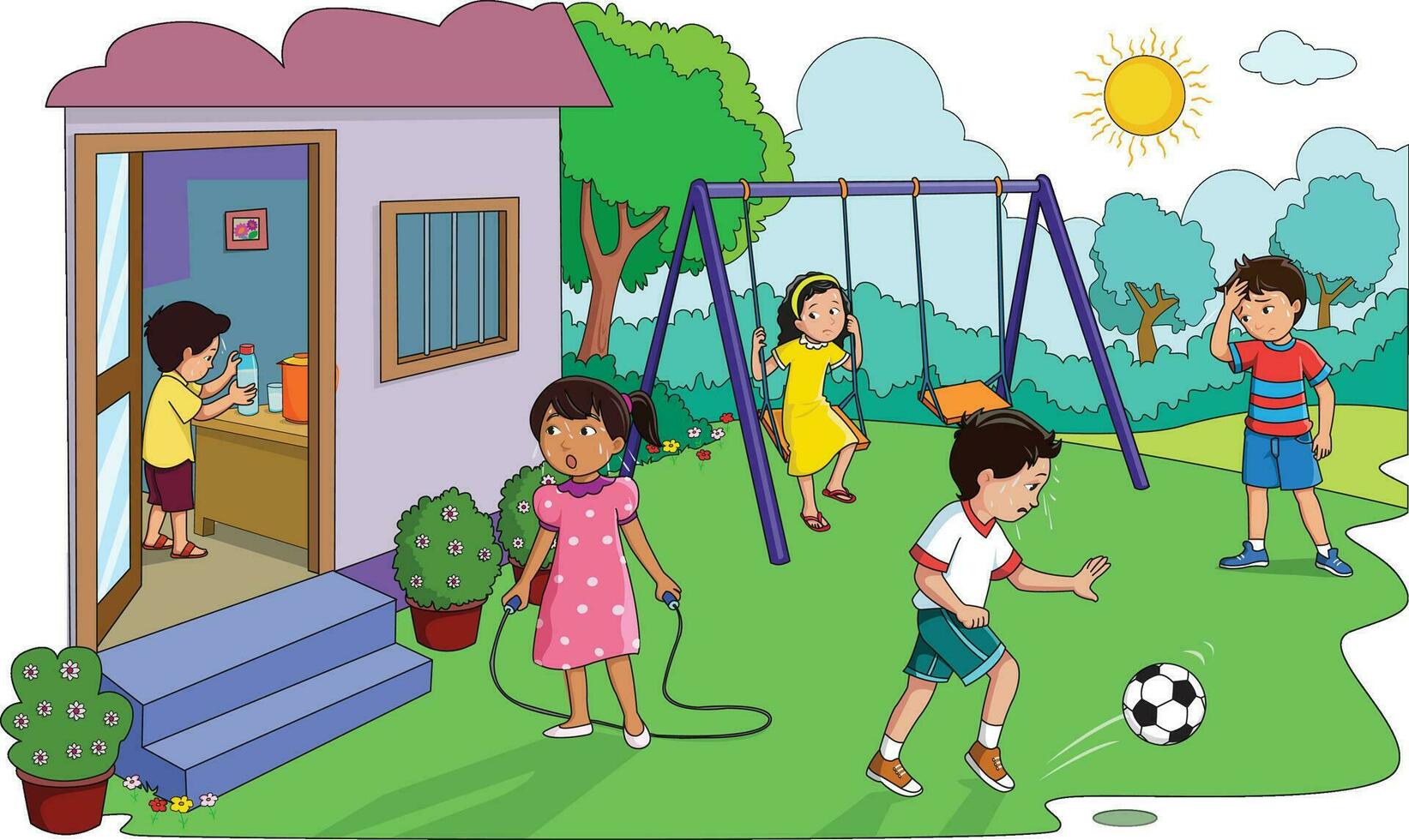 Kids playing in summer season with sun shining brightly vector illustration.eps