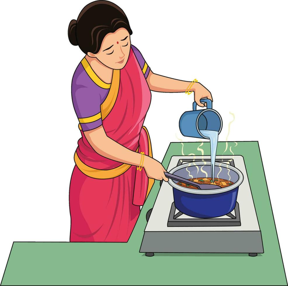 Mother cooking food on gas vector illustration