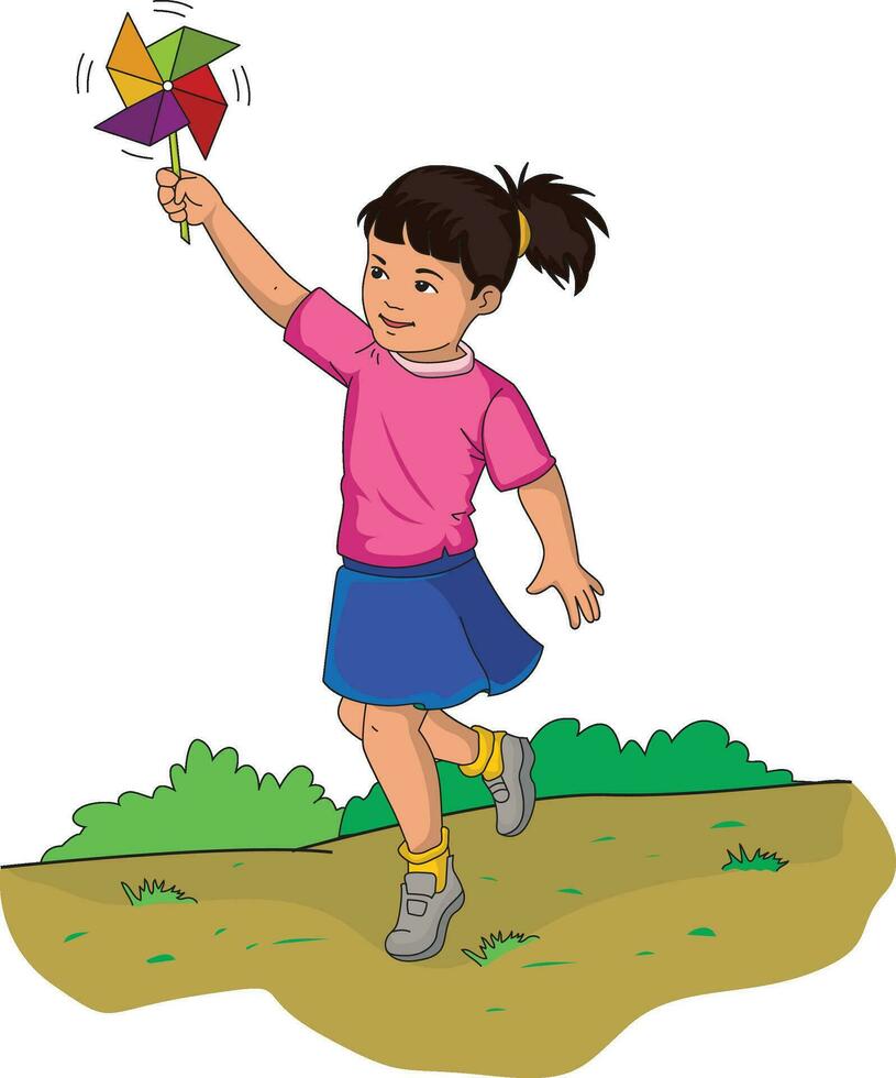 Little girl playing happily with pinwheel vector illustration