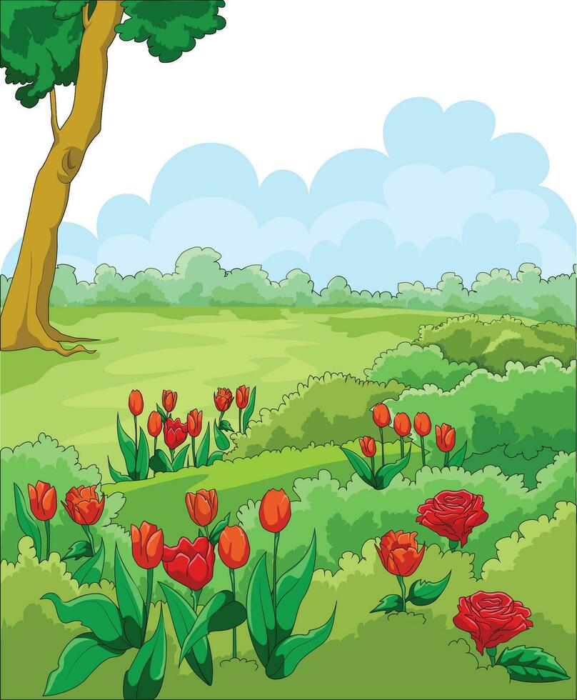 Vector illustration showing beautiful flowers and tree