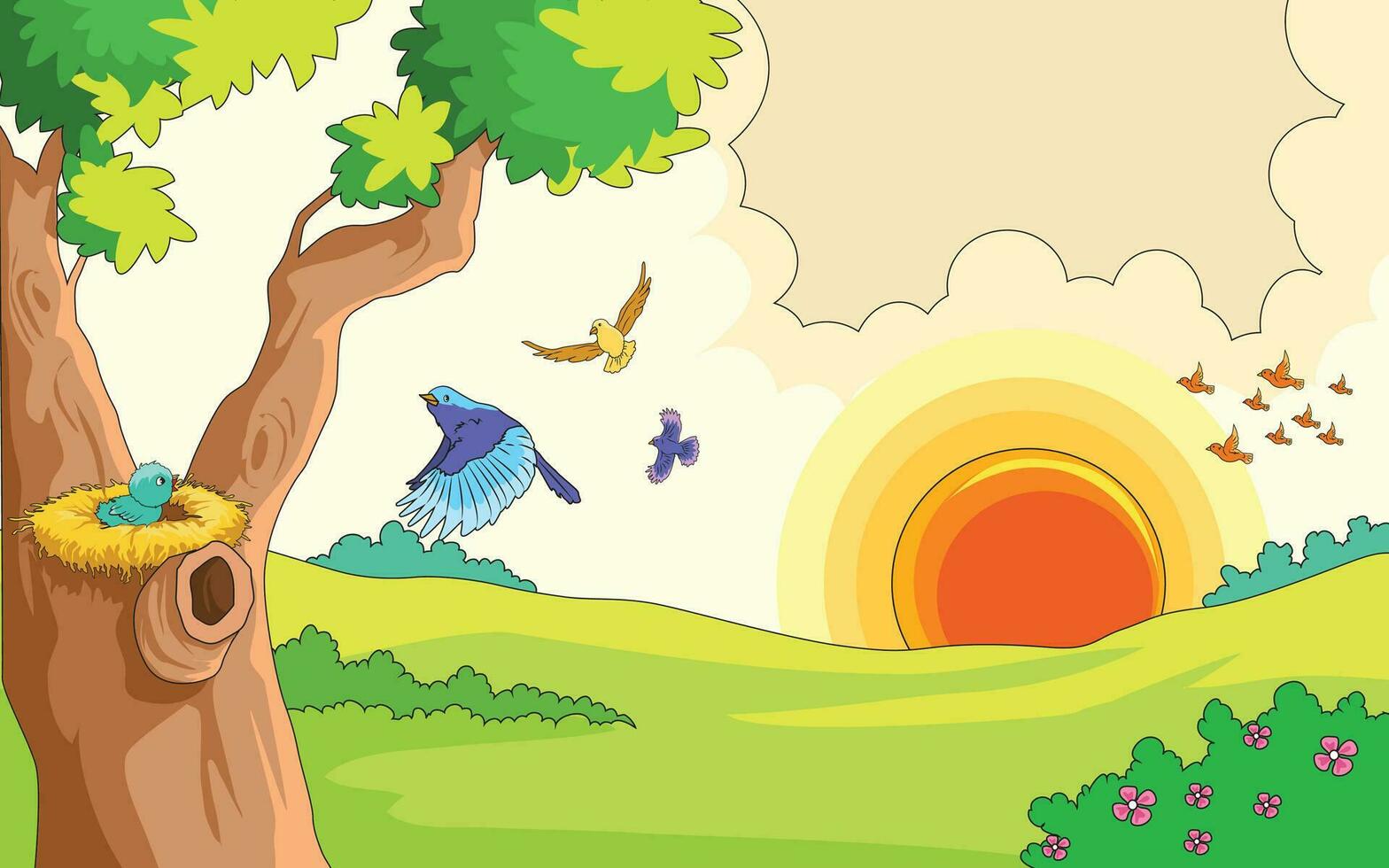 Vector illustration showing flying birds, sunrise, trees