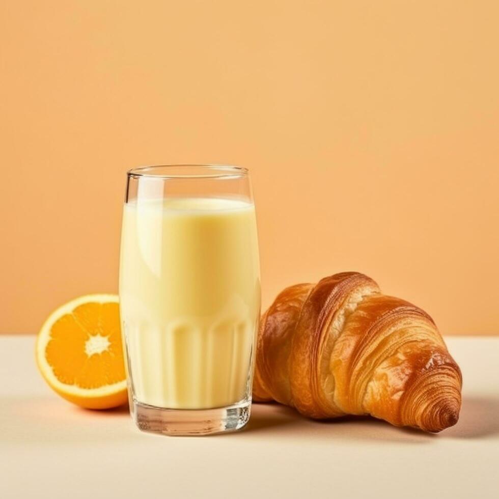 AI generated A glass of orange juice accompanied by a croissant with butter and jam photo