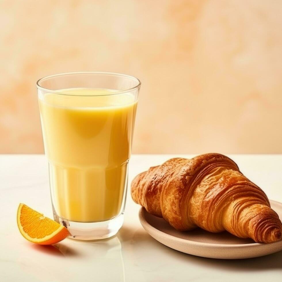 AI generated A glass of orange juice accompanied by a croissant with butter and jam photo
