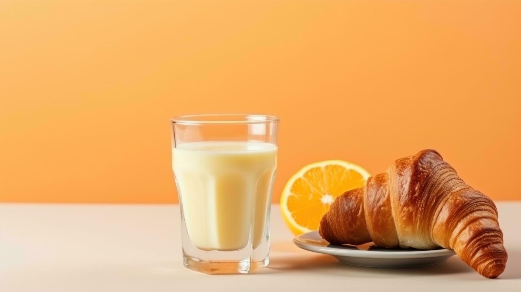 AI generated A glass of orange juice accompanied by a croissant with butter and jam photo