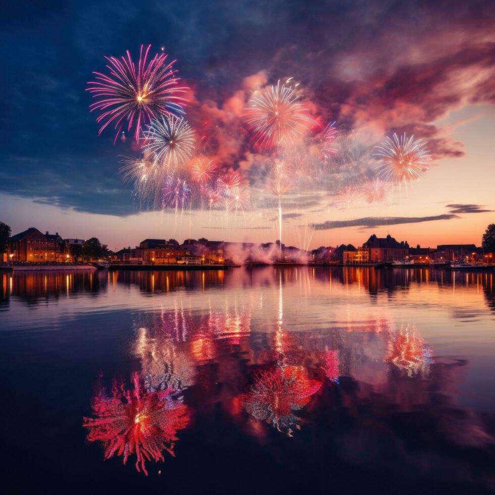 AI generated view of fireworks lighting up the sky above a river, with the reflection of the colors on the water photo