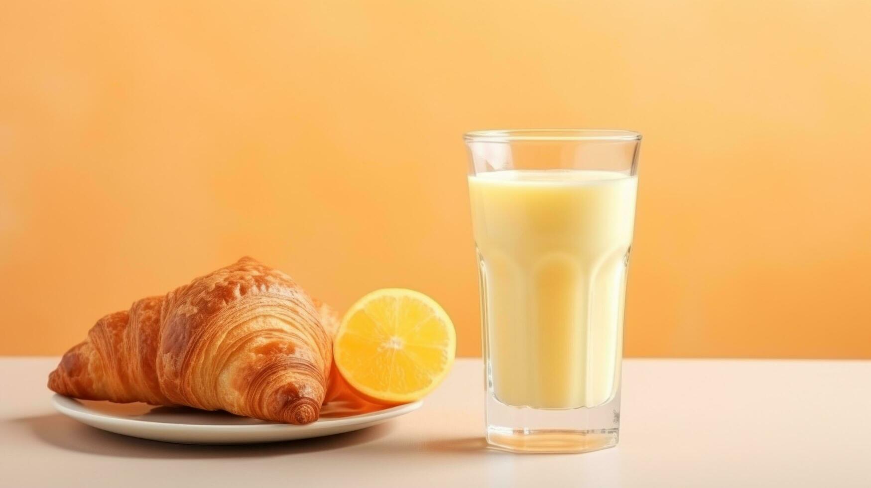AI generated A glass of orange juice accompanied by a croissant with butter and jam photo