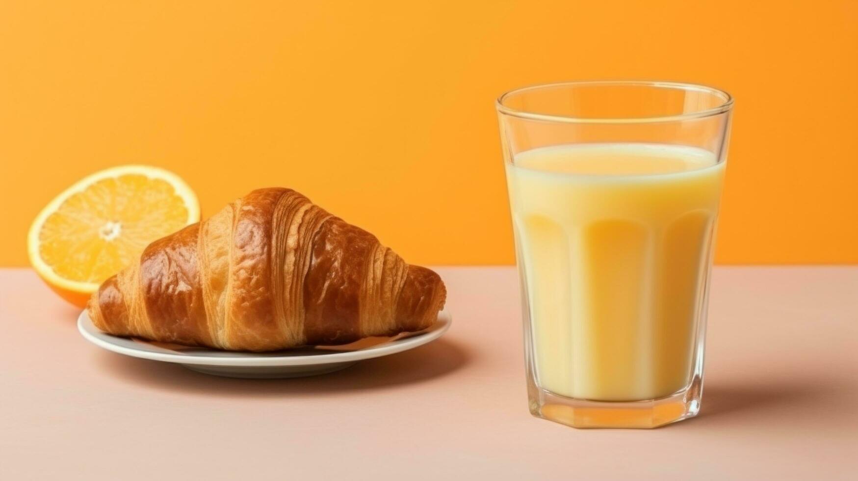 AI generated A glass of orange juice accompanied by a croissant with butter and jam photo