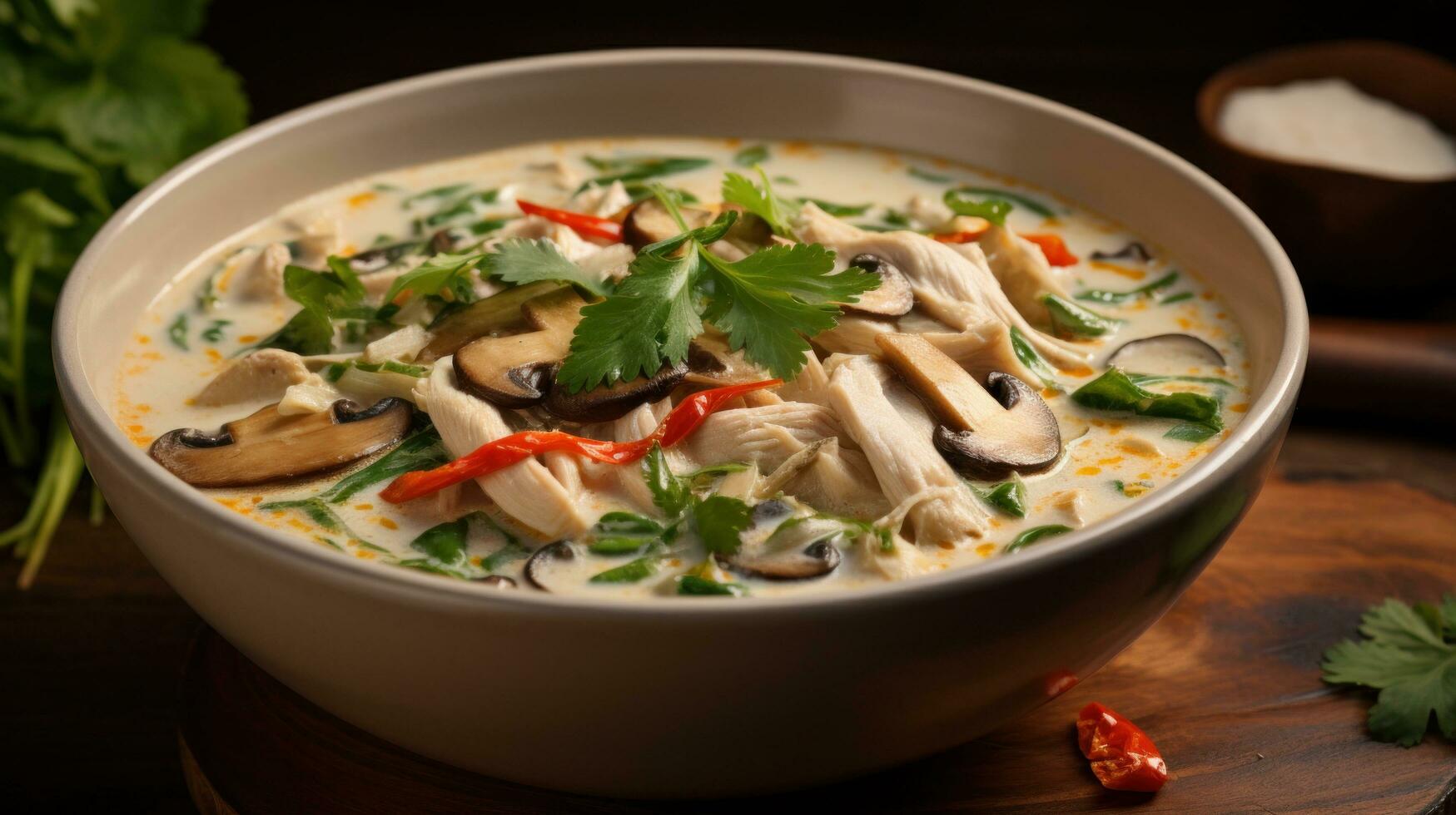 AI generated A fragrant and exotic Thai soup with lemongrass, coconut milk photo