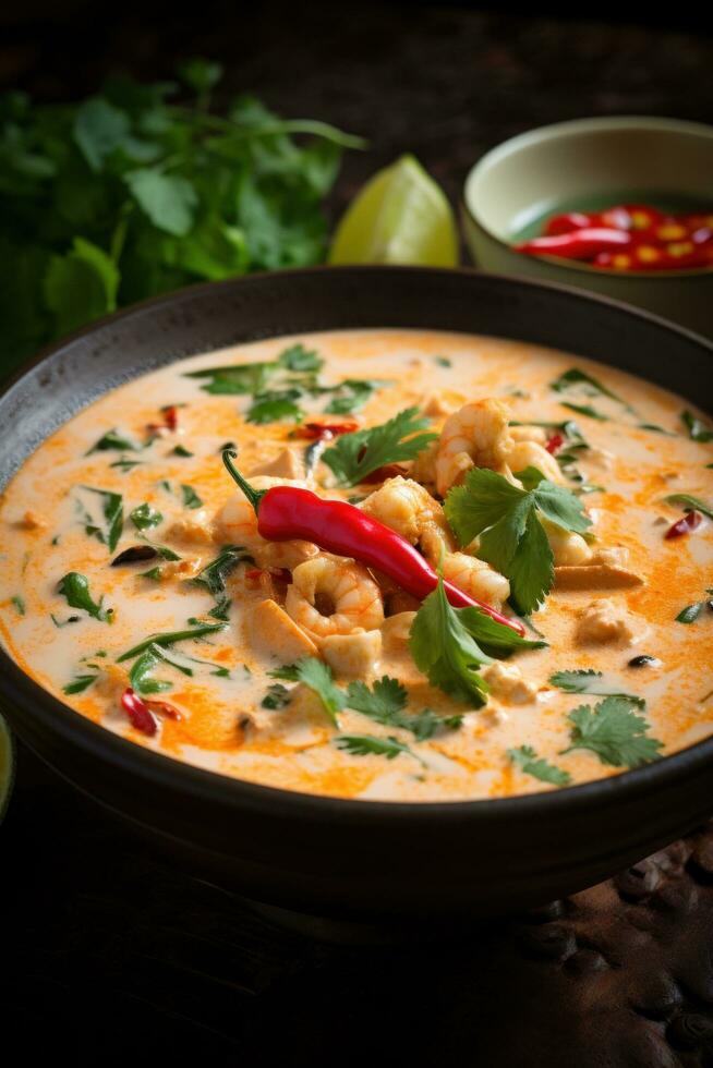 AI generated A fragrant and exotic Thai soup with lemongrass, coconut milk photo