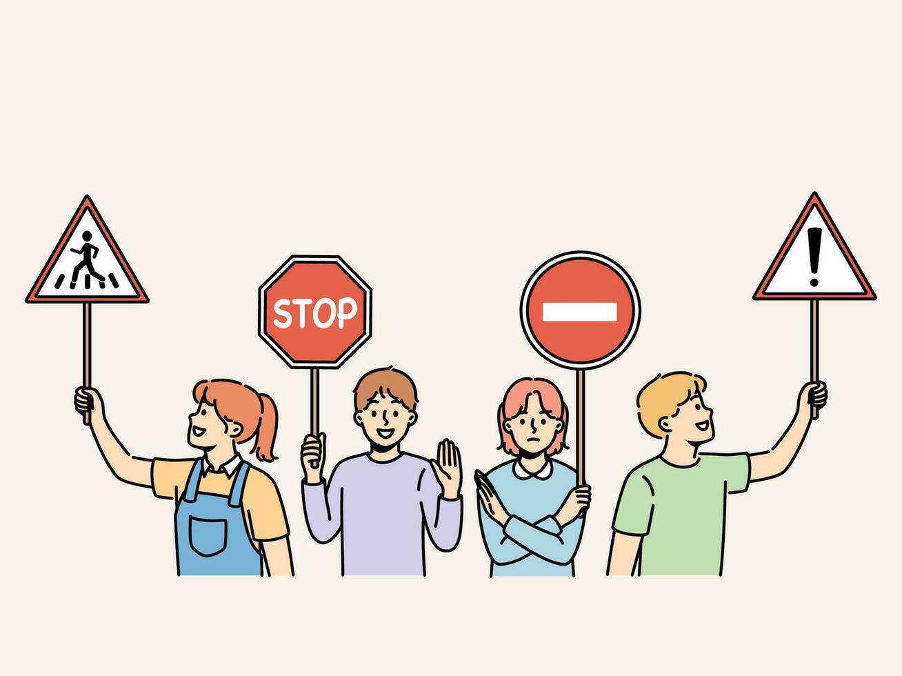 Young children hold traffic signs urging peers to follow safety rules walking streets. Happy preteen kids with street traffic signs recommend paying attention to problem of car accidents. vector