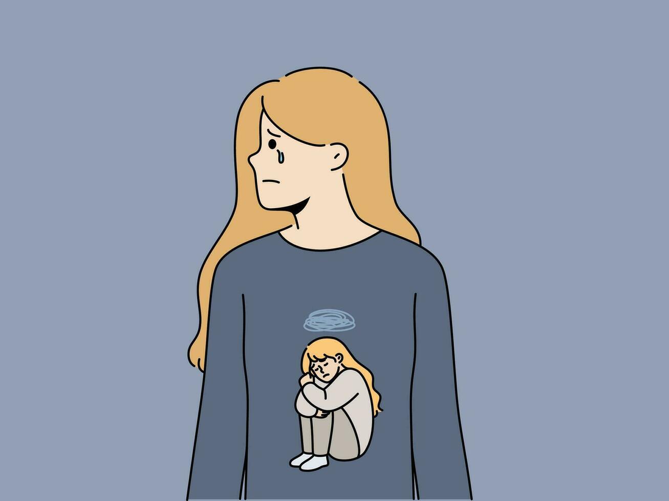 mujer llantos debido a estrés y depresión causado por psicológico trauma en infancia, vestido en camiseta con pequeño llorando muchacha. psicológico concepto con hembra adolescente necesitando psicoterapeuta vector