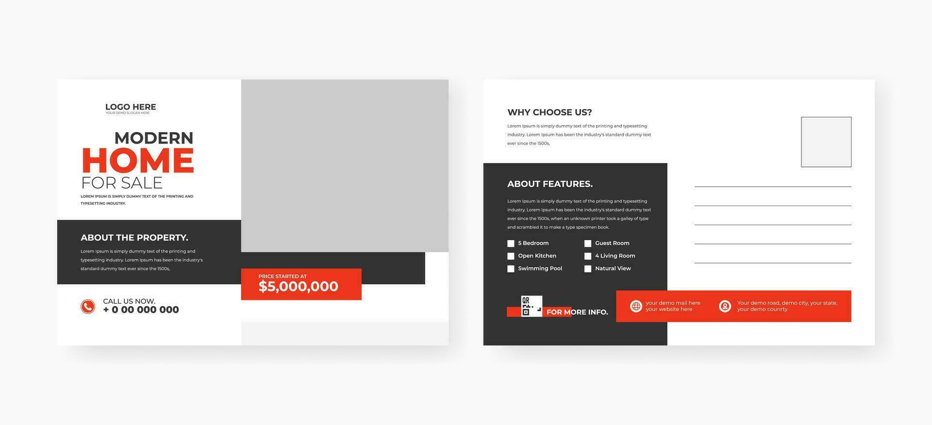 Abstract home for sale postcard template design vector