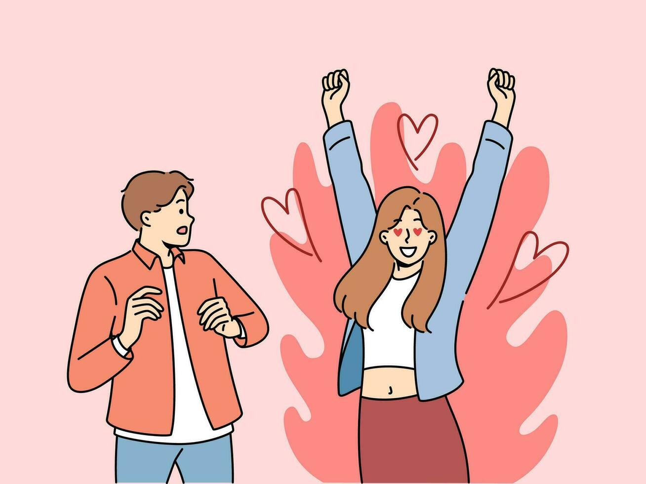 Excited woman is in love with man who is scared because of excessive passion from fan. Guy looks excitedly at girlfriend feeling great passion and sympathy for boyfriend or fiance. vector