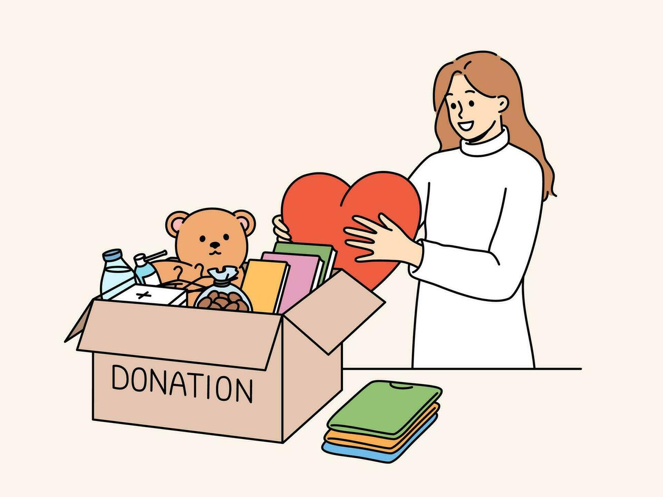 Kind woman stands near donation box with big heart in hands, wanting to help people in need. Collecting donation box of toys and books for children who find themselves in difficult financial situation vector