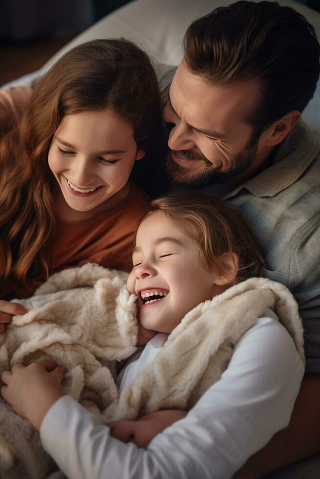 AI generated A mother, father, and their two children cuddled up on a fluffy blanket photo