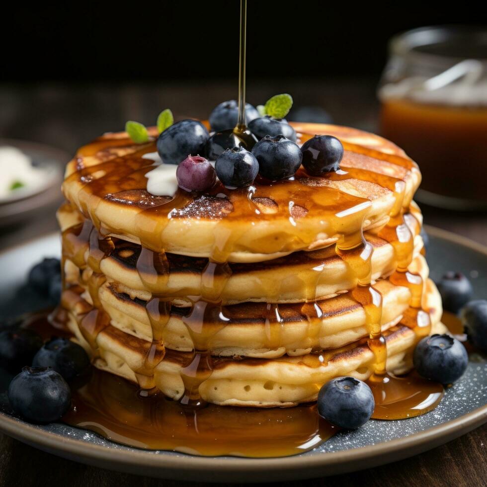 AI generated A stack pancakes topped with fresh blueberries and drizzled with syrup on background photo