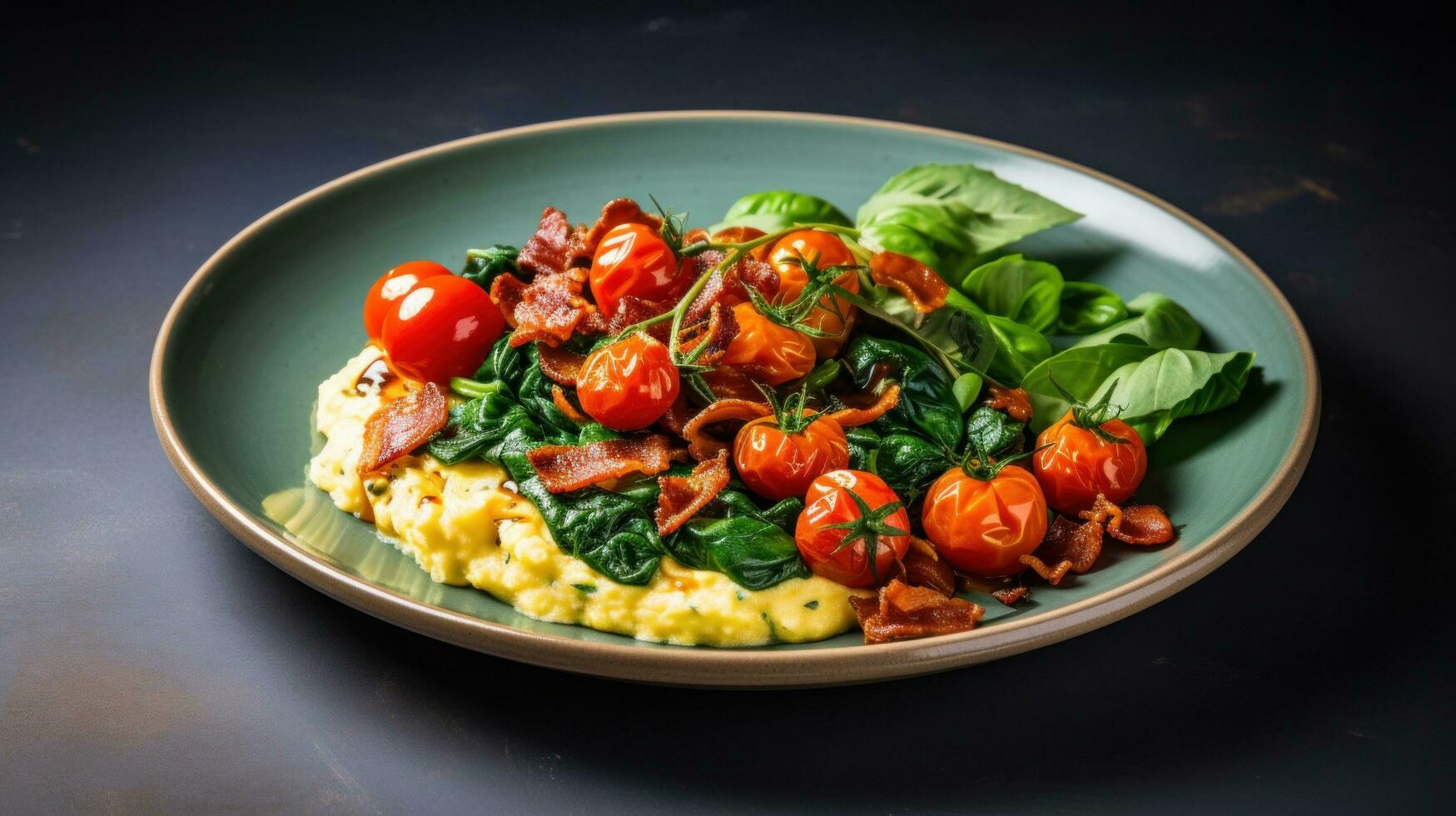 AI generated A plate of scrambled eggs with crispy bacon, roasted cherry tomatoes photo