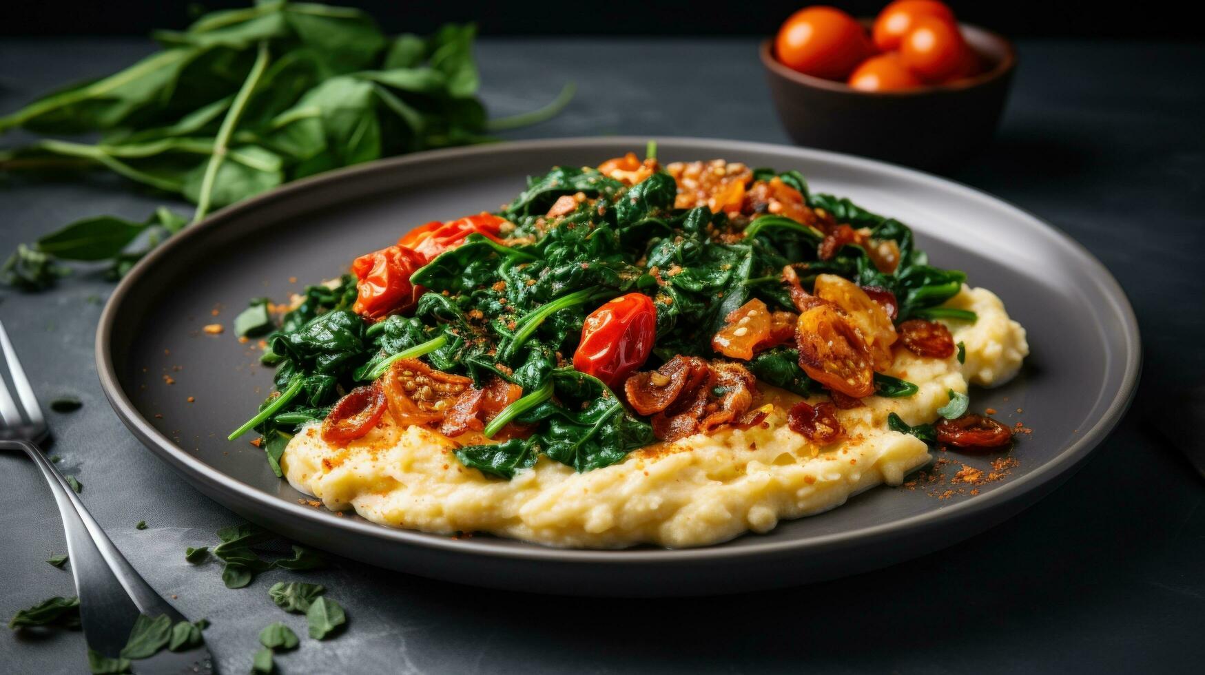 AI generated A plate of scrambled eggs with crispy bacon, roasted cherry tomatoes photo