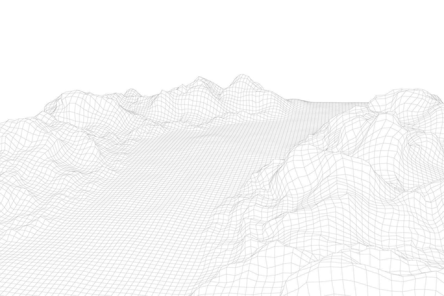 Abstract vector wireframe landscape background. 3D futuristic mesh mountains. 80s Retro illustration. Cyberspace technology valleys