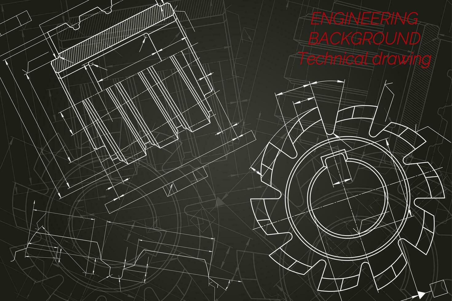 Mechanical engineering drawings on black background. Cutting tools, milling cutter. Technical Design. Cover. Blueprint. Vector illustration