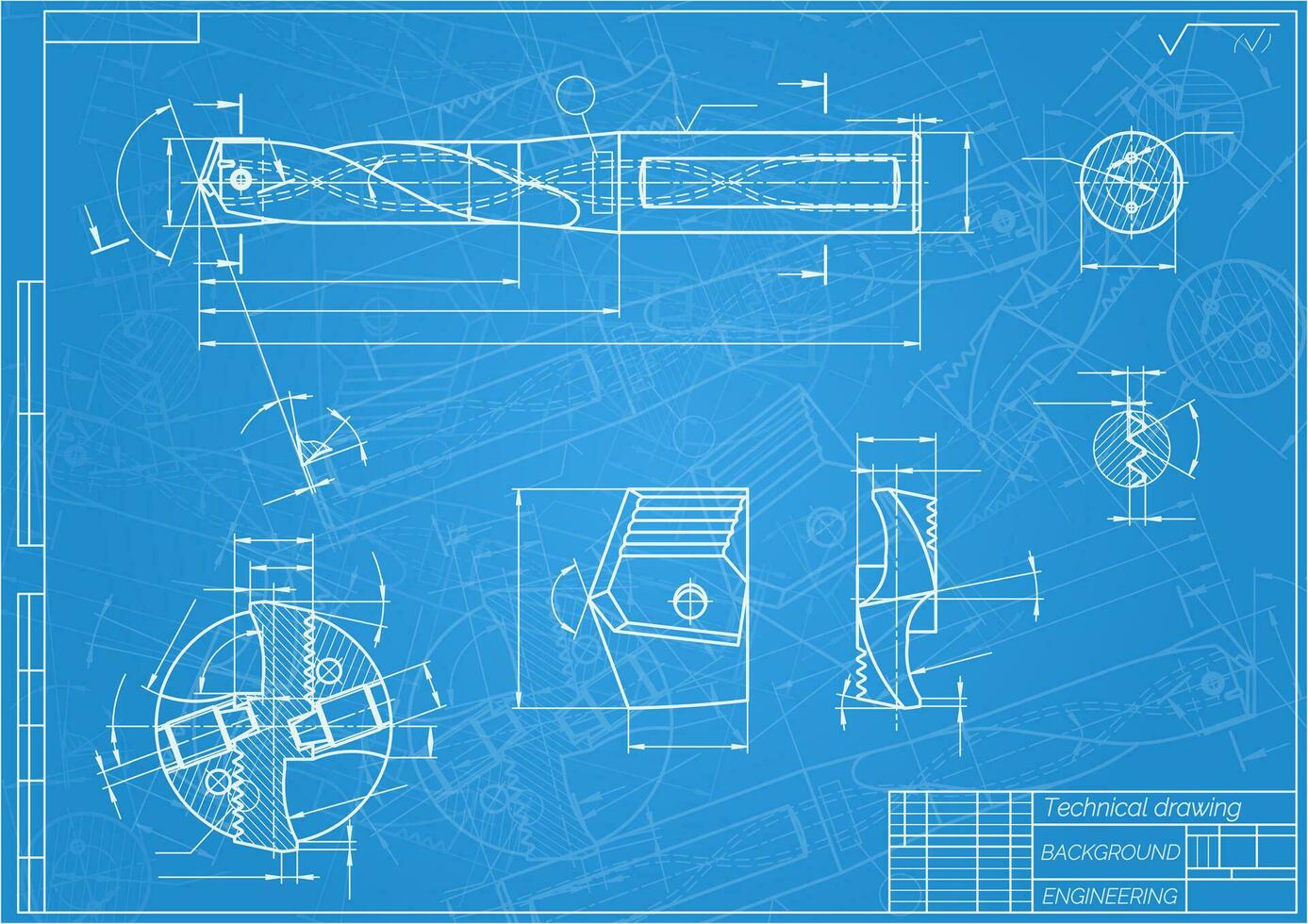 Mechanical engineering drawings on blue background. Drill tools, borer. Technical Design. Cover. Blueprint. Vector illustration