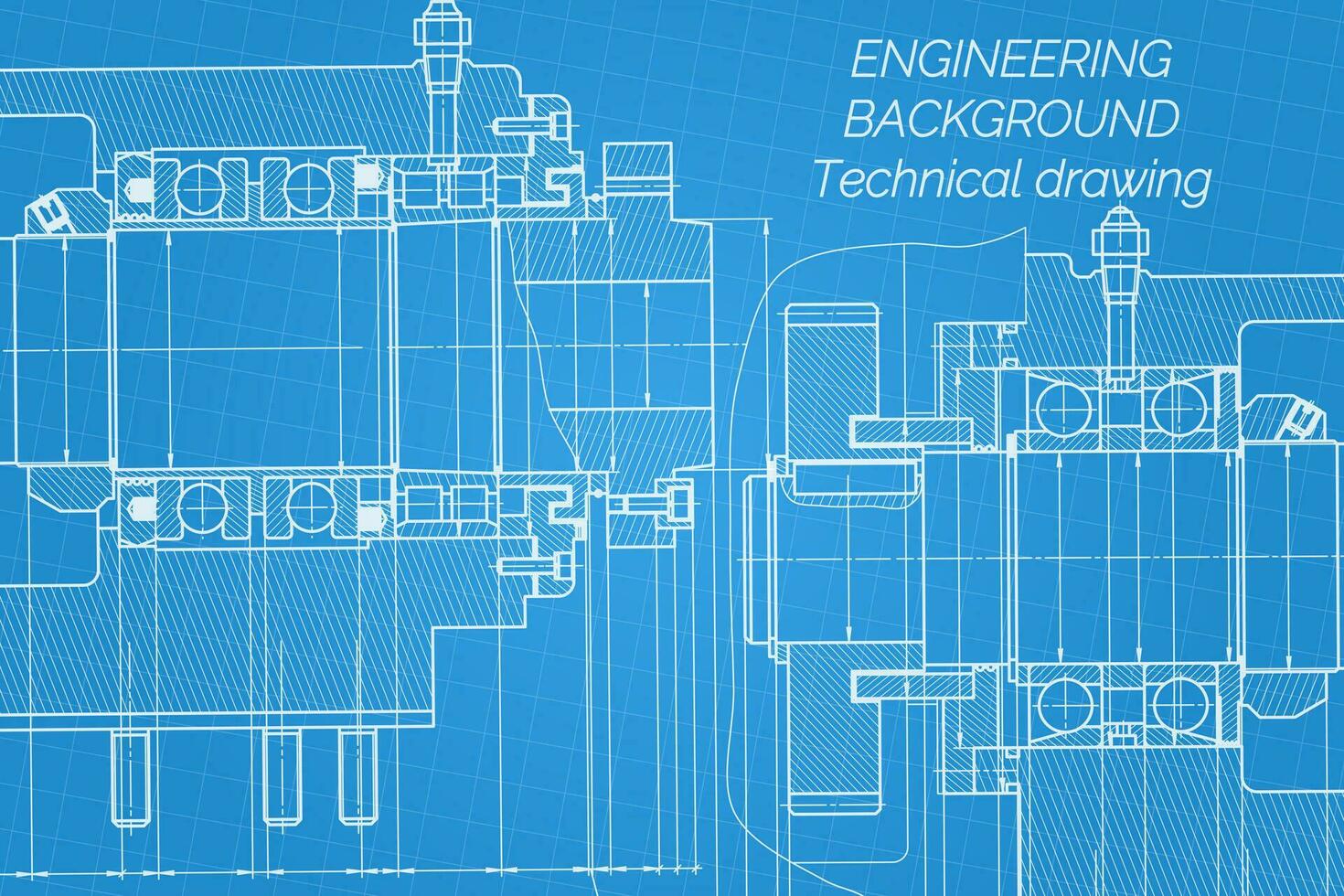 Mechanical engineering drawings on blue background. Milling machine spindle. Technical Design. Cover. Blueprint. Vector illustration
